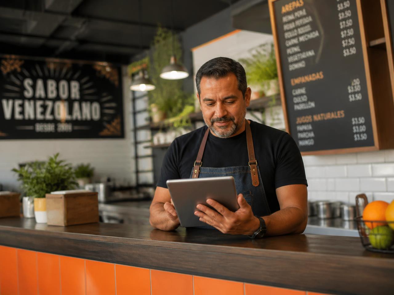 Dueño de restaurante venezolano gestionando su negocio desde una tablet